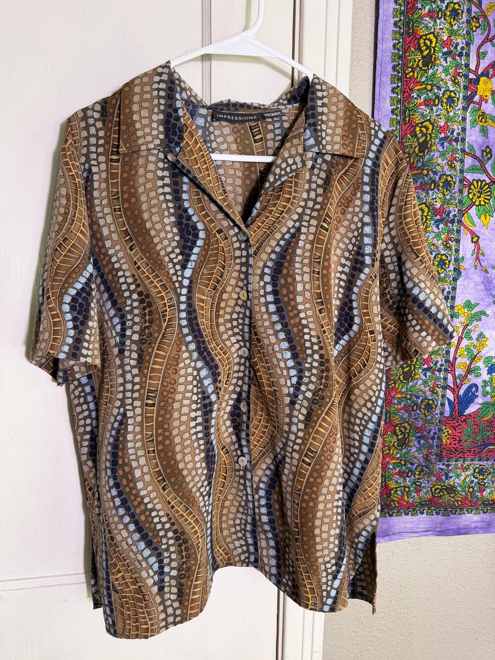 Impressions Women's L Retro Geometric Print Button Up Shirt Brown Blue Blouse